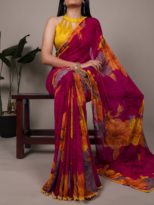 Pink floral saree